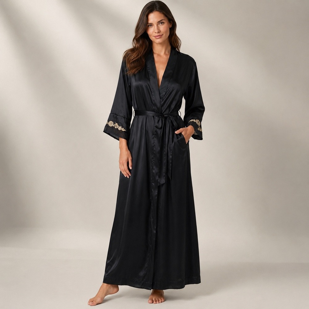 Halston Black Full-Length Wrap Robe L/XL Embroidered Sleeve Loungewear